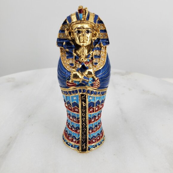 Egyptian King Tut Sarcophagus Pewter Enamel and Crystal Jewel Box - Picture 1 of 7
